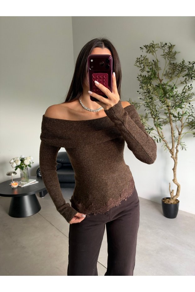 Coffee Madonna Collar Lace Sweater