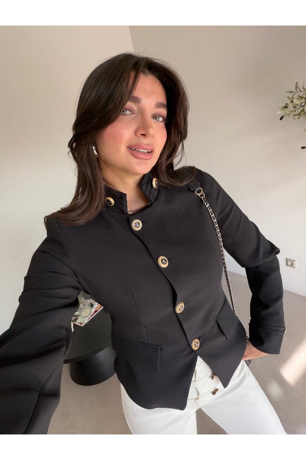 Black Padded Jacket with Gold Buttons