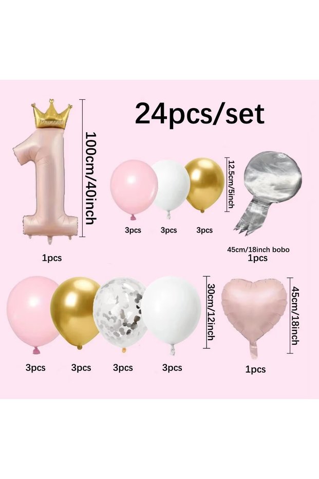 Other Pink 24Pcs 1-Year-Old Crown Aluminum Foil Balloon for Boys and Girls Birthday Party, One Year