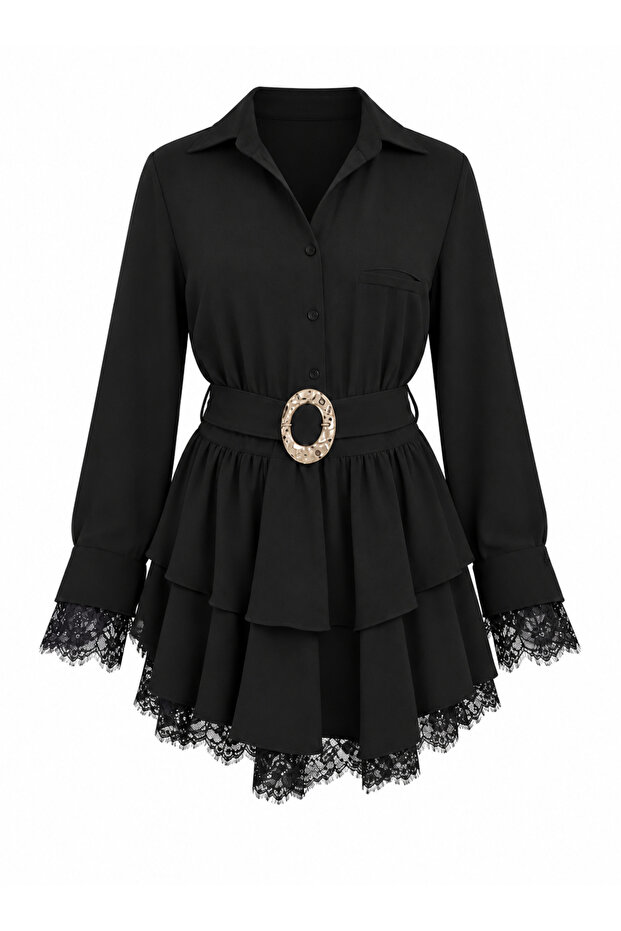 Black Skirt Hem Lace Detailed Belted Dress - 2Y35518