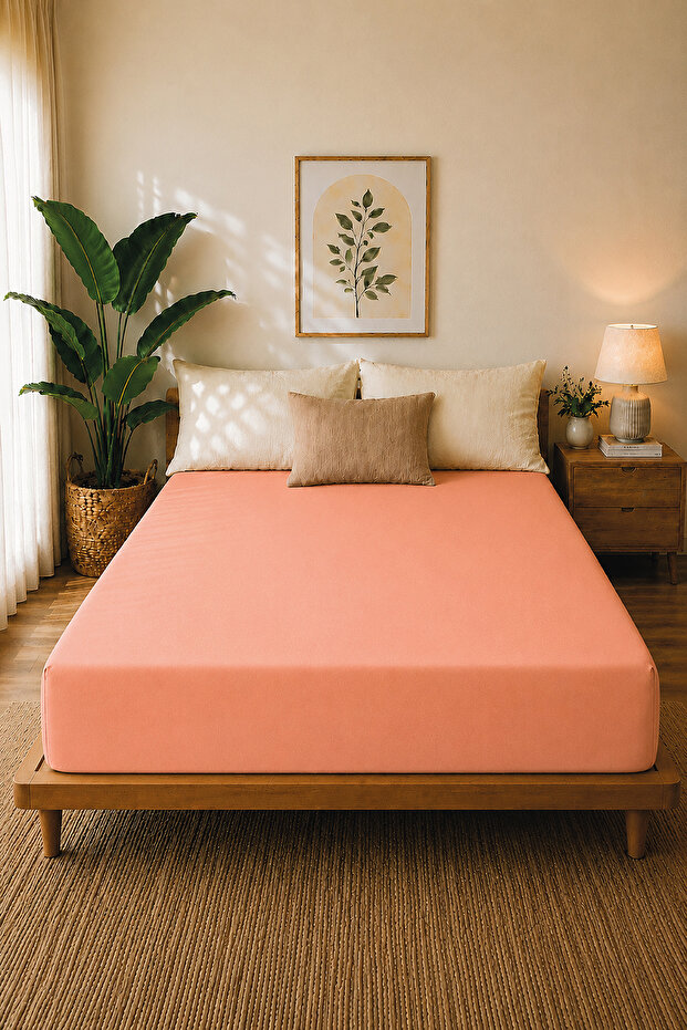 Premium Jersey Salmon Fitted 100% Cotton Combed Single/Double Elastic Bed Sheet