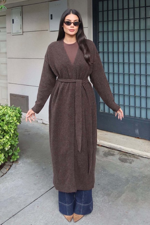 Women's Knit Shawl Collar Cardigan Belted at the Shoulders, Ankle-Length, Long, Fall/Winter, Brown