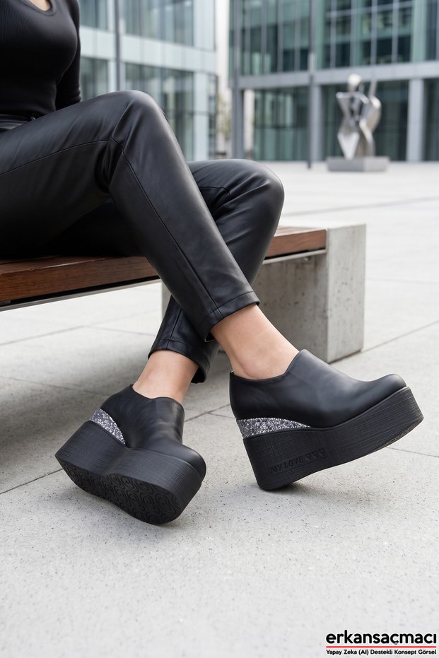 Lumi Black Vegan Round Toe Stoned Hidden Wedge Heel Casual Shoe