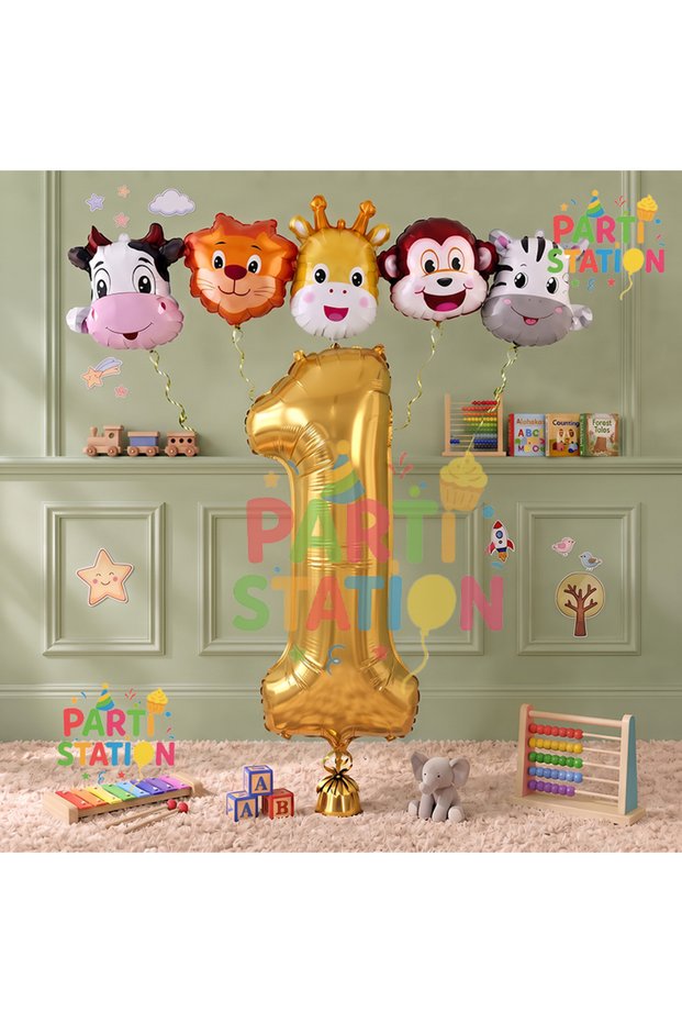Golden Color Number Balloon Safari 1st Year Birthday Party Balloon Set Safari Animals Theme Party