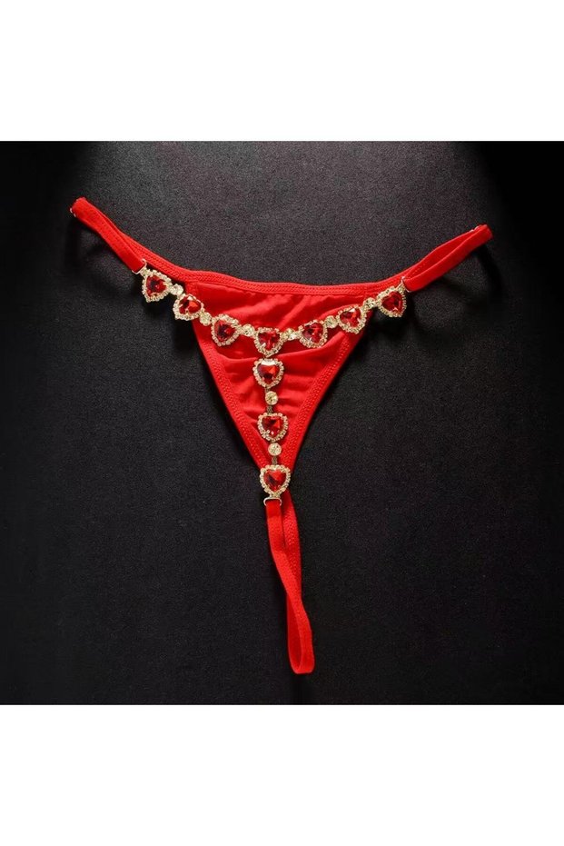 Gold 1 Piece Crystal Love Heart Red Bikini Thong BodyJewelry With Rhinestone Inlaid Women's Body Cha