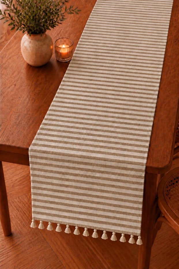 Striped Brown Linen Bohemian Style Runner with 2 Edge Tassels 40X140