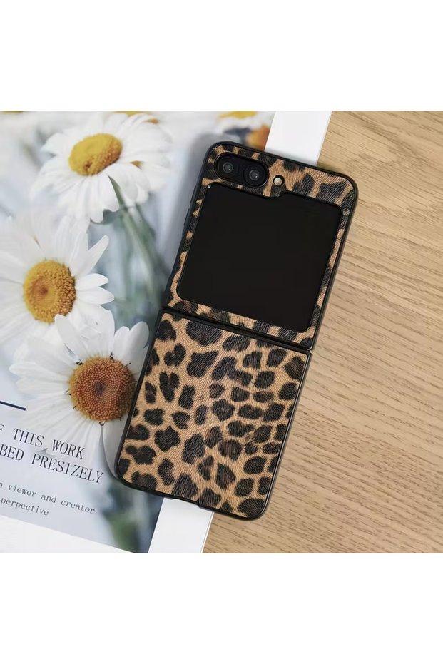 For Flip 5 Brown Luxury Leopard Pattern PU Leather Hard PC Phone Case For Samsung Galaxy Z Flip 7 6