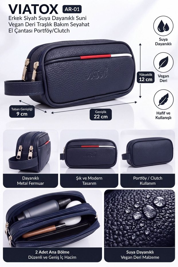 Ar-01 Men's Black Water Resistant Faux Vegan Leather Shaving Care Travel Handbag Portfolio/Clutch Lac