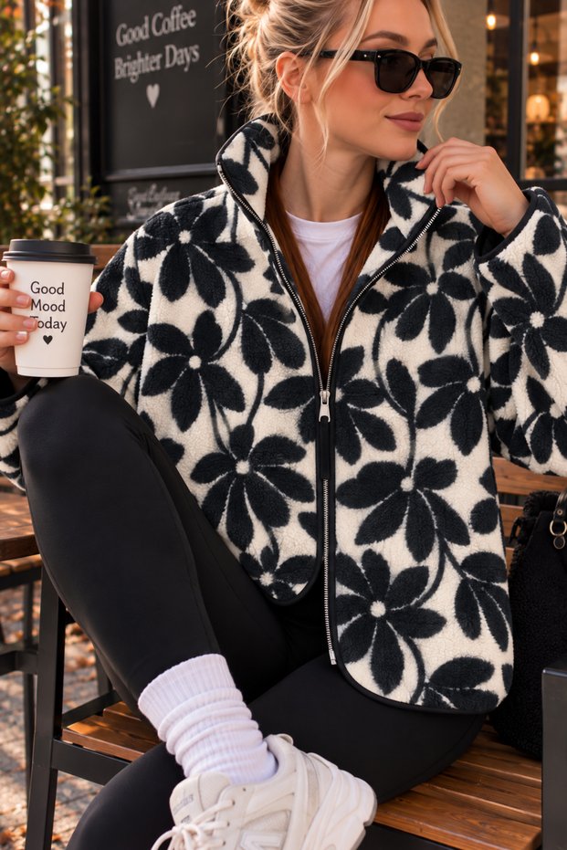 Cozy Flower Polar Jacket – Oversize Casual Zippered Women's Model