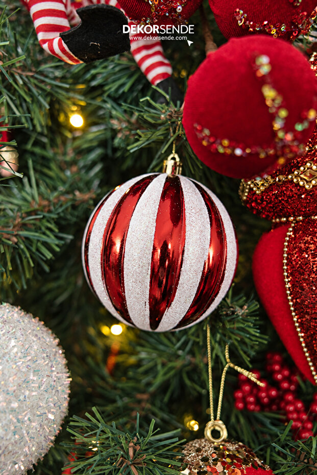 Christmas Ornament Ball Set of 4 Striped and Crystal Sparkling Red and White 10 cm