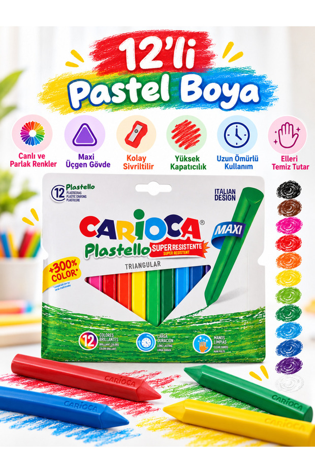 Plastello Maxi 12-Piece Triangular Pastel Crayon Set - Extra Resistant to Breakage, Vibrant Colors