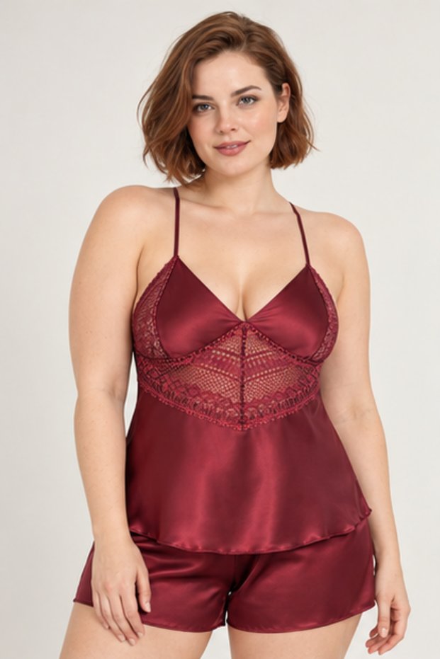 Women's Plus Size Burgundy Satin Nightgown Set with Shorts - Lace Detail