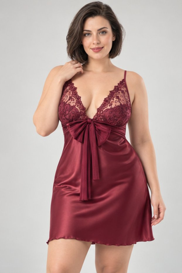 Women's Burgundy V-Neck Lace Embroidered Bowknot Stylish Satin Nightgown