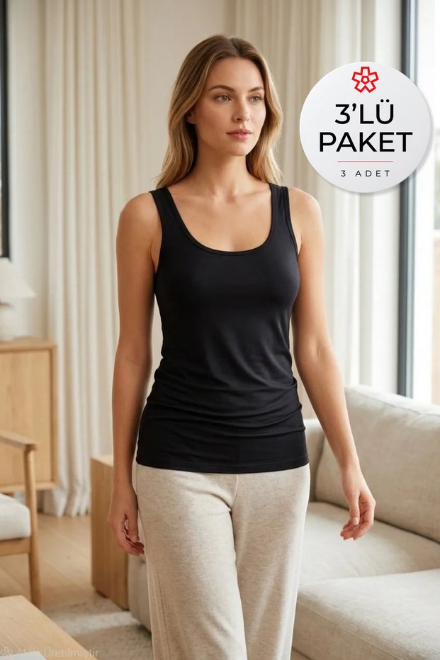 Bamboo Wide Strap Women's Tank Top Black 3-Pack