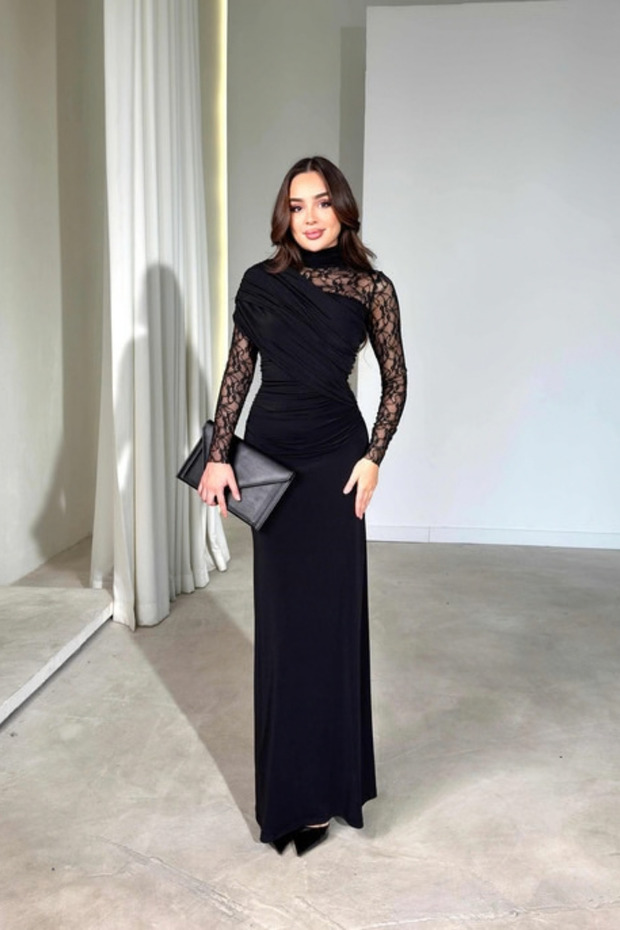 Women's Black Lace Detailed Draped Long Sleeve Turtleneck Long Dress