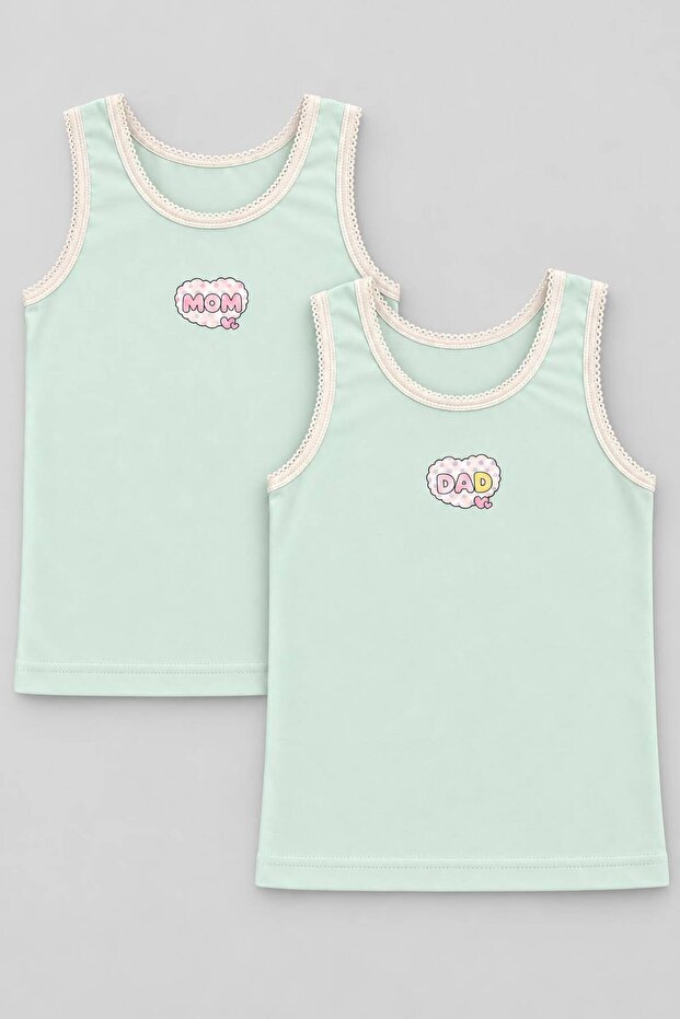 2-Piece Girls' Undershirt Set Mint Green, Mom Dad Love Printed Undershirt, Lace Trimmed Cotton Girls' Undershirt, Cotton 2-Piece Underwear Set, Gift Undershirt Set, Girls' Underwear Undershirt-19