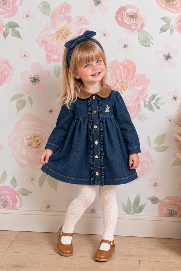 Baby Girl Garni Collar Premium Denim Dress and Bandana Set