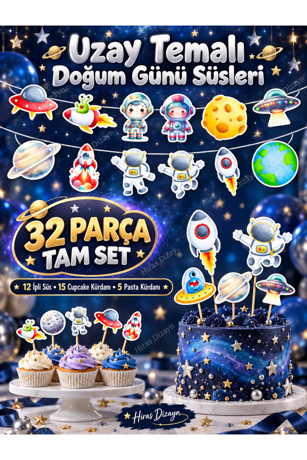 Kuromi54 32 Piece Space Astronaut Themed Giant Set Birthday Ornament, Banner Cake Toothpick Cupcake Ornament