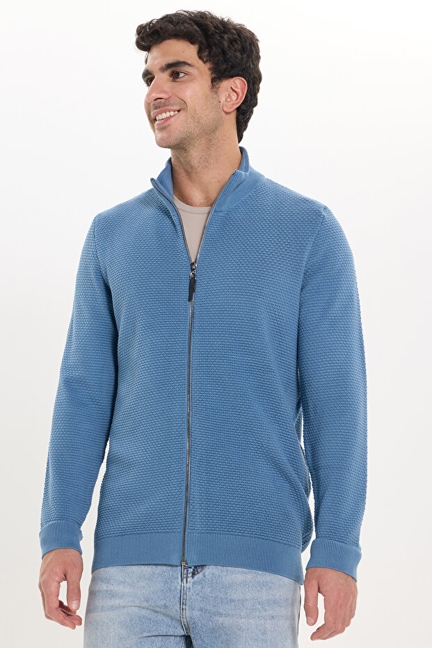 Men's Slim Fit Slim Fit Print Half Turtleneck Zip-Up Indigo Color Cardigan