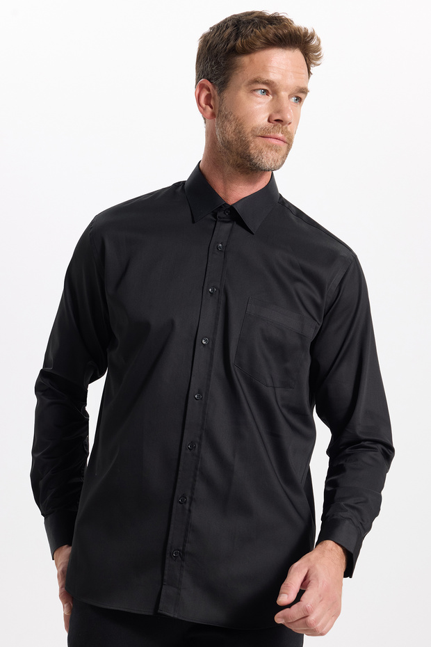 Classic Fit Long Sleeve Cotton Satin Men's Black Shirt