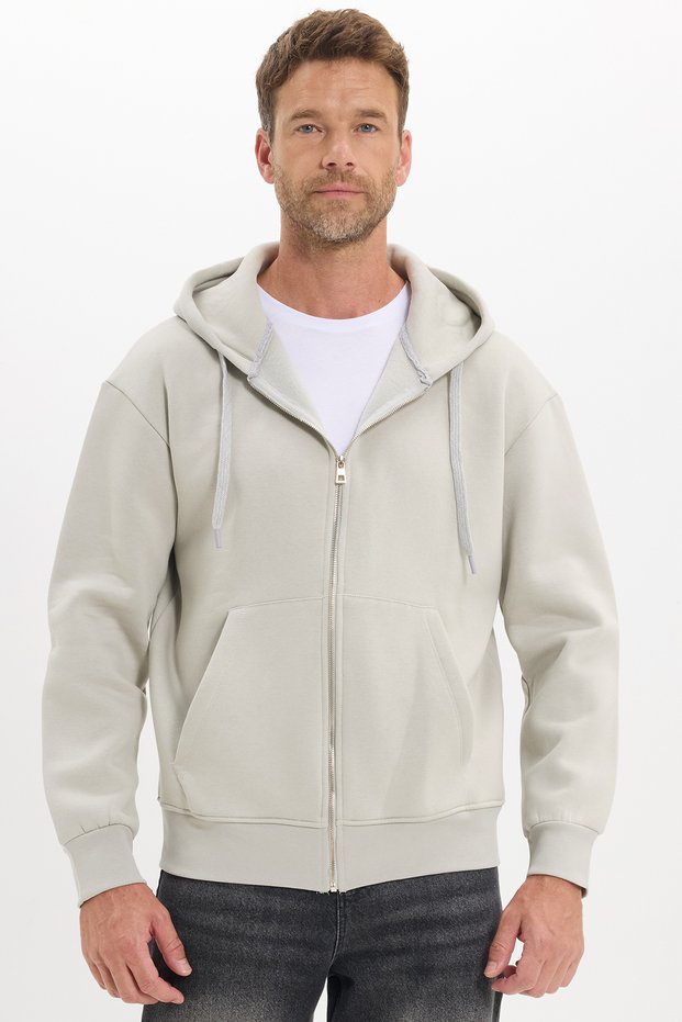Unisex Relax Fit Comfortable Cut Cotton Fleece Inside Double Pocket Zippered Stone Color Hooded Sweatshirt