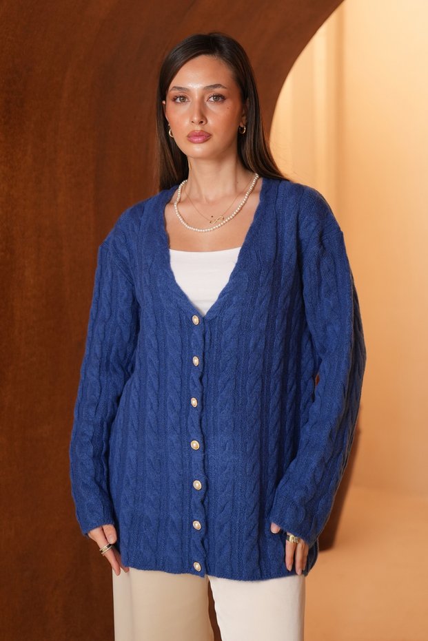 Women's V-Neck Hair Knit Textured Striped Bearded Knitwear Cardigan 8434 Navy Blue