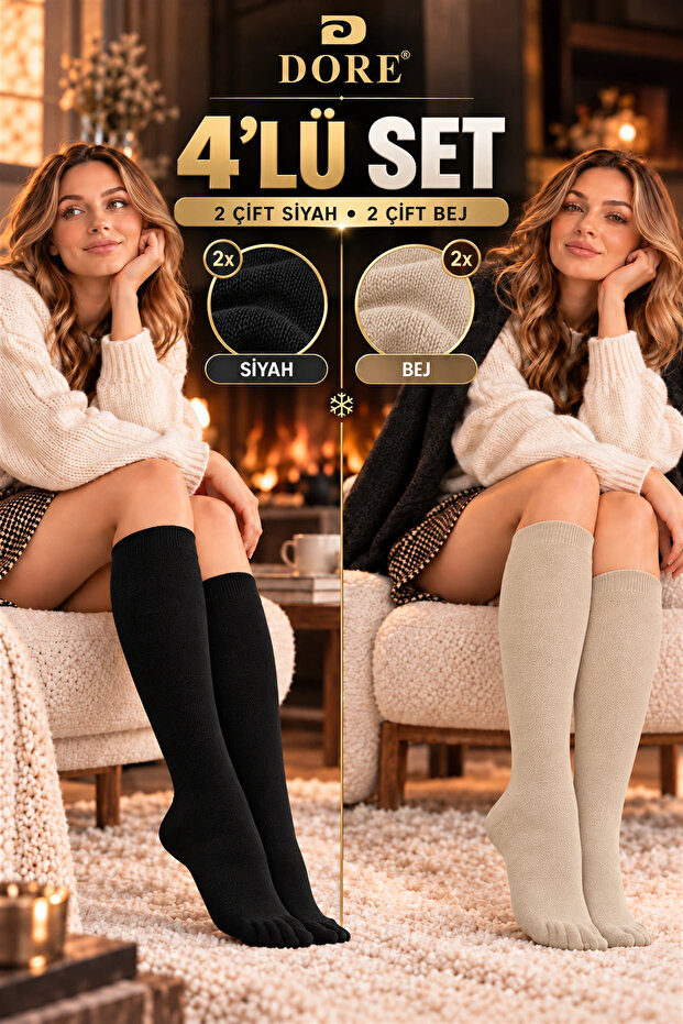 Original Women's 4-Pair Below-Knee Premium Cotton No-Show Opaque Non-Tightening Non-Marking Breathable Skin-Friendly Soft Textured All-Day Comfort Luxury Women's Socks Set | 2X Black - 2X Beige