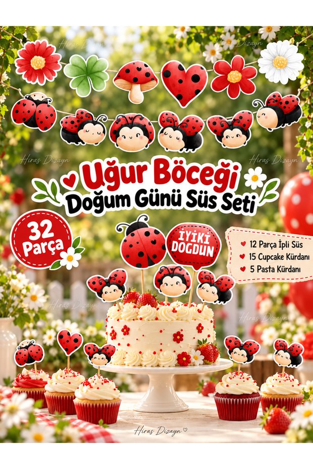 32 Pieces Ladybug Birthday Set for Kids Banner Cake Decoration Cupcake Picks Cocktail Picks Engagement Birthday Cocktail Event and Presentation Cake Decoration Thick Paper