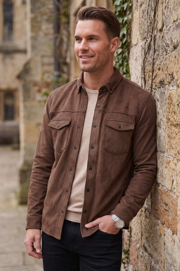 Men's Regular Fit Anti-Pilling Anti-Wrinkle Brown Suede Shirt – Double Pockets with Lycra Fasteners 2302329