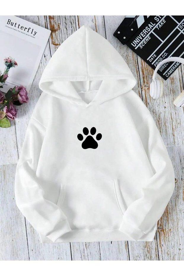 3 Thread Unisex Black Paw Printed Hooded Oversized Sweatshirt Hoodie
