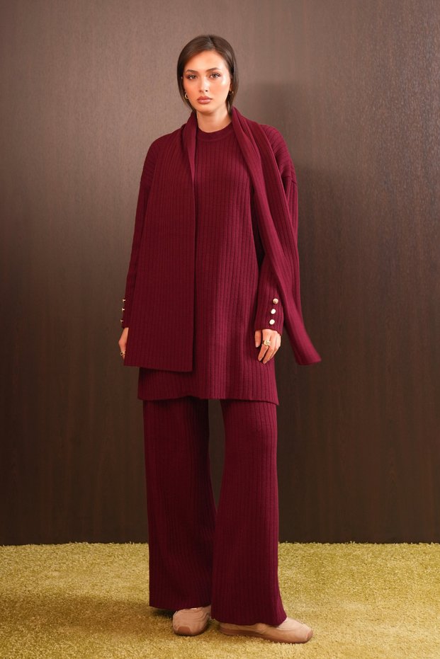 Women's Button Detailed Vertical Ribbed Shawl Hijab Knitwear Set 8583 Claret Red