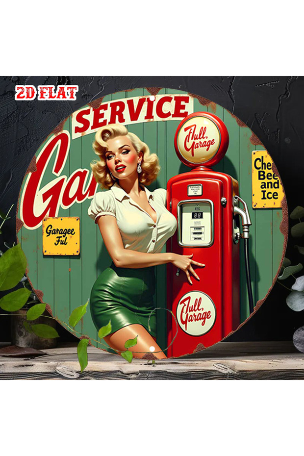 Round 20X20CM 2D Flat, 1pc Vintage Pin-Up Girl Gas Pump Metal Sign - Retro Service Station Garage De