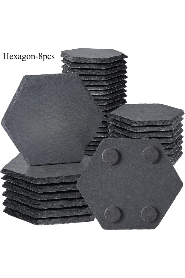 Coaster-Hexagon-8pcs 8PCS Slate Coaster Blanks, Basic Unfinished Stone Material, 4-Inch, Square & Ro