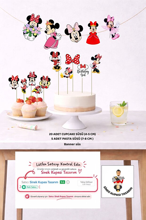 Minnie Mouse Birthday Set 5 Figures Banner 5 Figures Cake Decoration 20 Pieces Cupcake Set