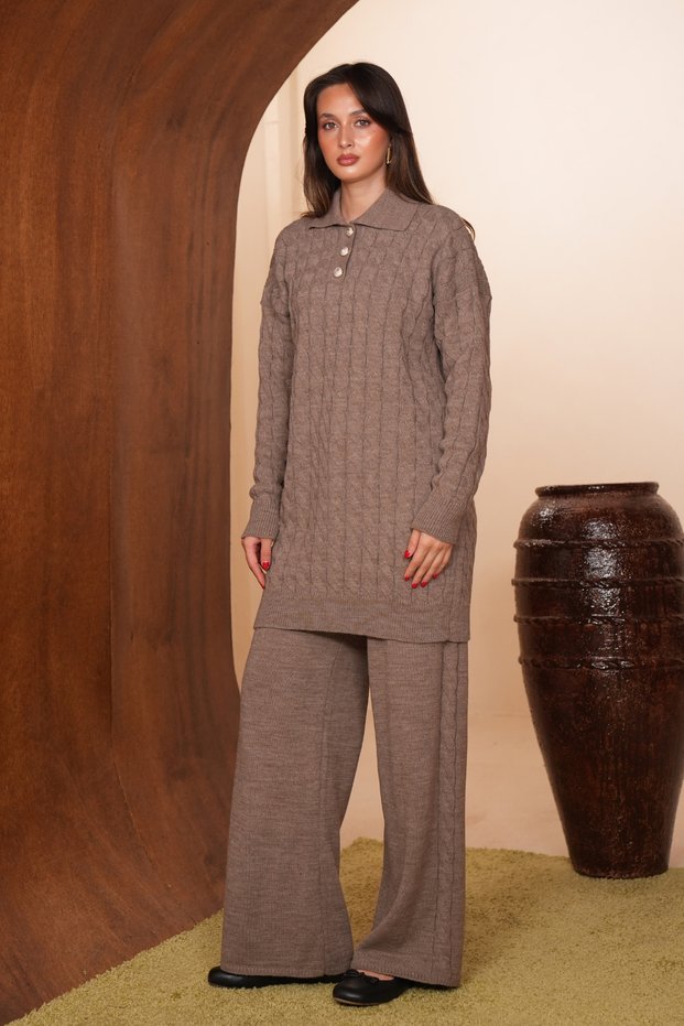 Women's Polo Collar Hair Braided Textured 2-Piece Hijab Knitwear Set 8568 Mink