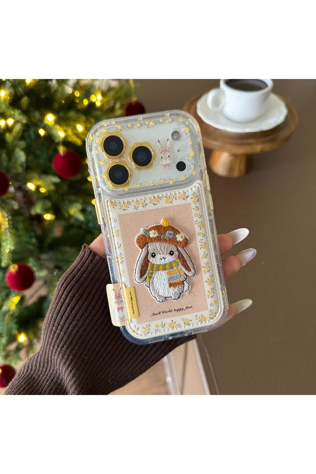 iPhone 16 Pro Max YELLOW Cute Embroidery Scarf Rabbit Yellow Flower Artificial Leather Plush Ball La