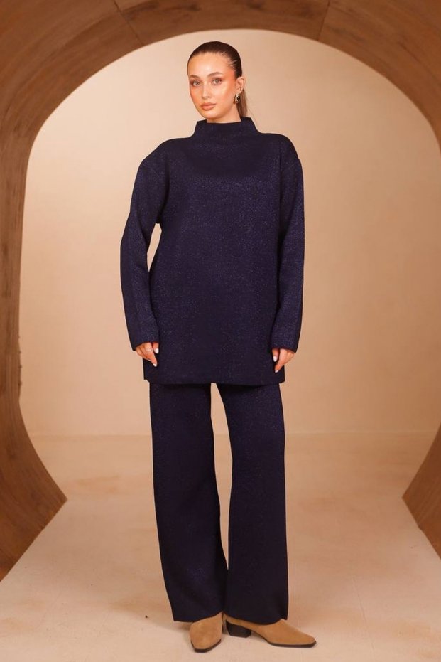 Women's Half Turtleneck Light Glittered 2-Piece Hijab Knitwear Set 8404 Navy Blue - Premium Series
