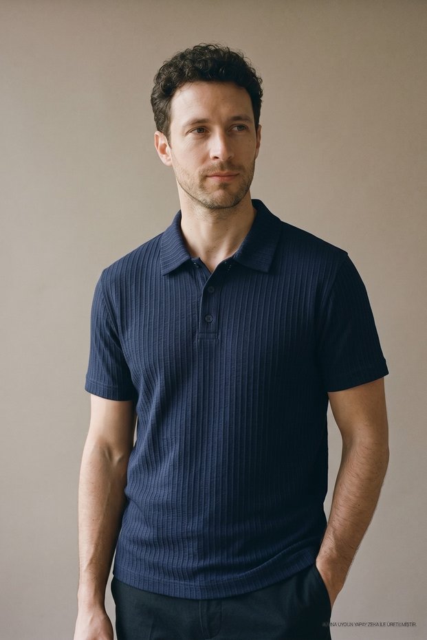 Men's Self-Striped Comfortable Navy Blue Polo Collar T-Shirt