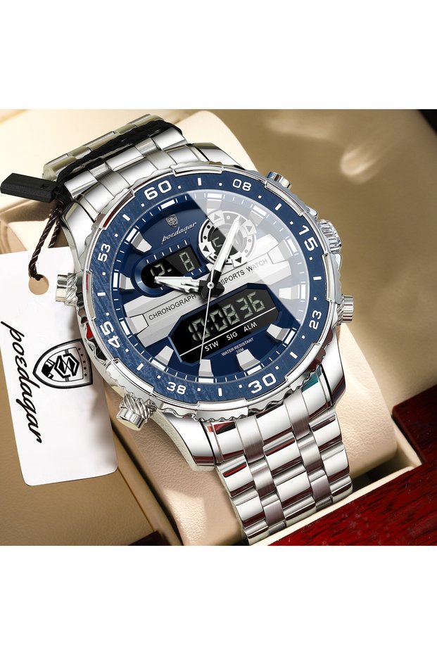 E122 Silver Blue POEDAGAR Top Electronic Man Clock Week Date LED Luminous Fashion Quartz Men Watch D