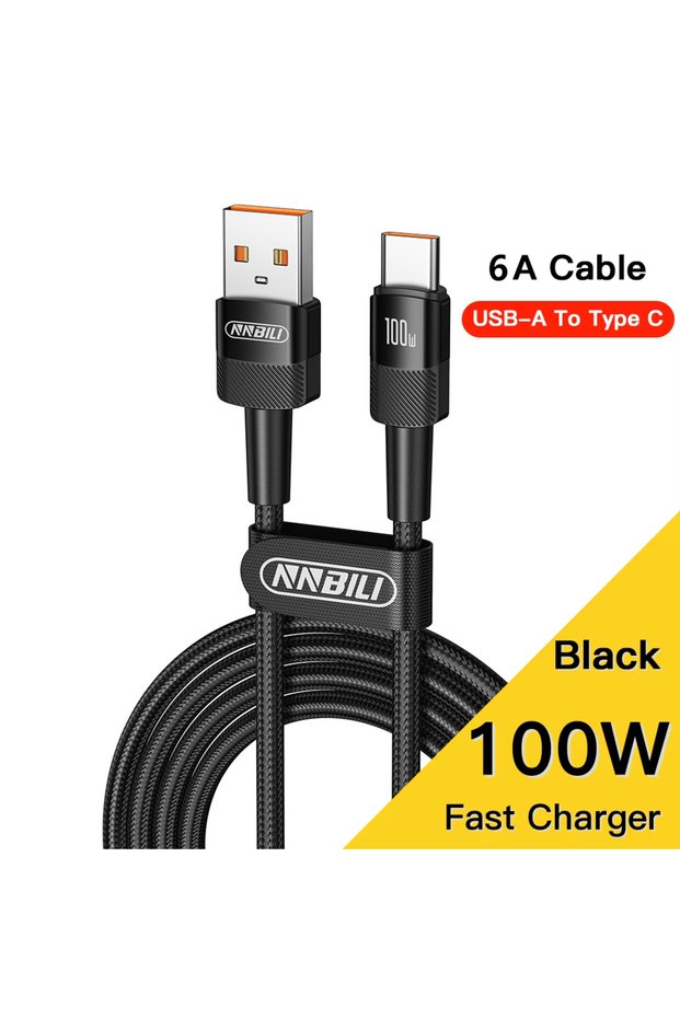 2m A-C Black NNBILI 6A USB A To Type C Cable for Huawei Xiaomi PD 100W Fast Charging Charger USB C D