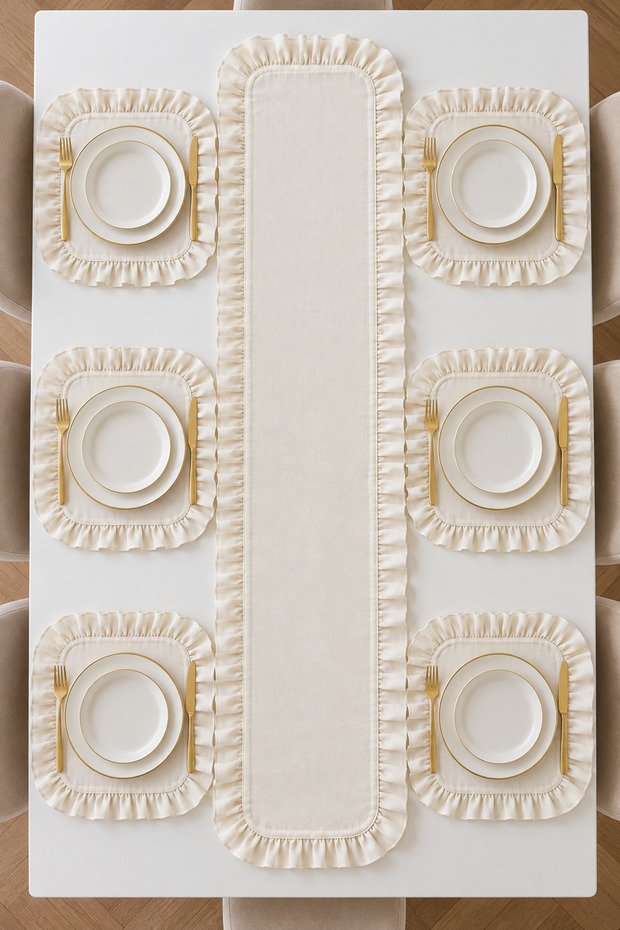 7-Piece Ruffled Runner and American Service Set – Cream Tableware for 6 People