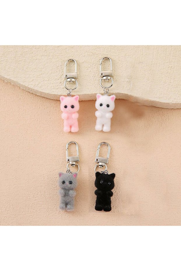 4pcs 4pcs/pack Cute Flocking Cat Keychain 3D Animals Key Chain Love Phone Pendant Headphone Charm Ba
