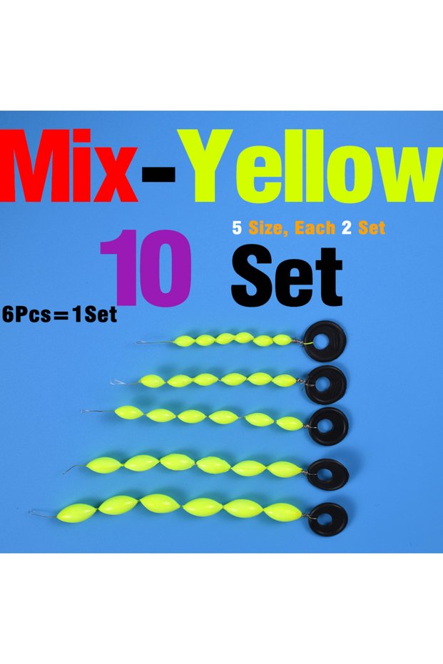 Yellow Mixed 60Pcs/10Sets Fishing Float 6 In 1 String Type Seven Star Float Foam Space Bean Fishing