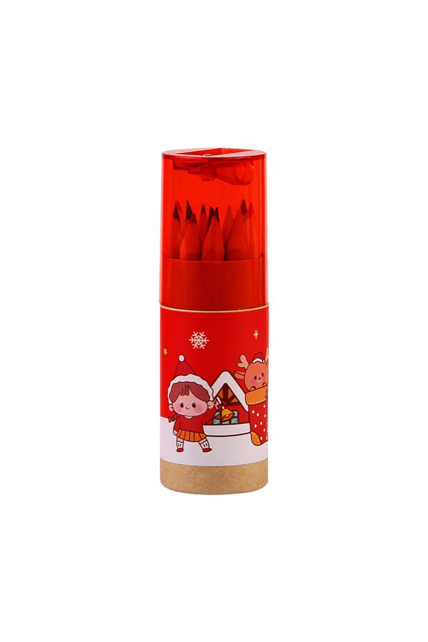 Red 12 Colors Barrel Cartoon Colored Pencils Set Elementary School Drawing Christmas Gift