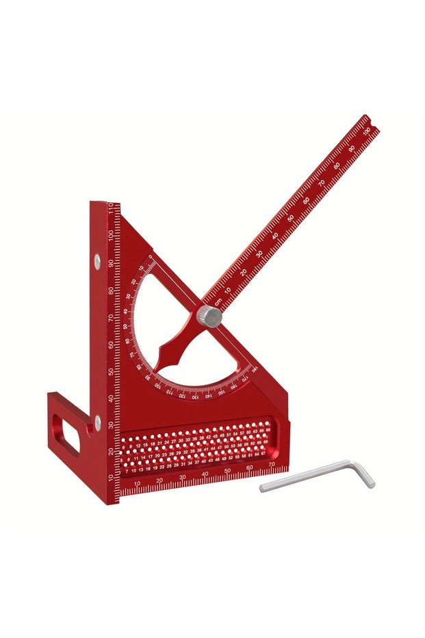 1Pc Red Metric 3D Adjustable Carpentry Square Protractor With 180 Degree Quick Marking Guide - Alumi