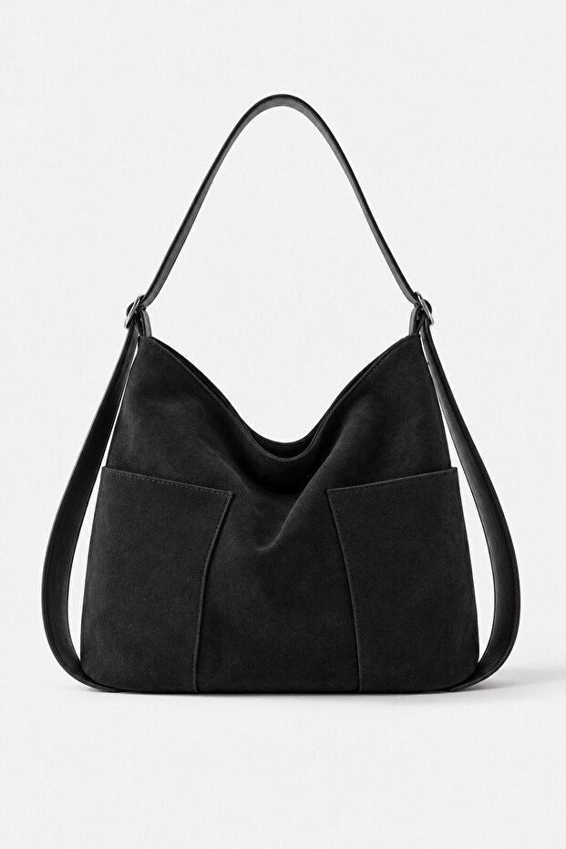 Black Suede Women's Hobo Shoulder Bag with Double Front Pockets and Adjustable Strap