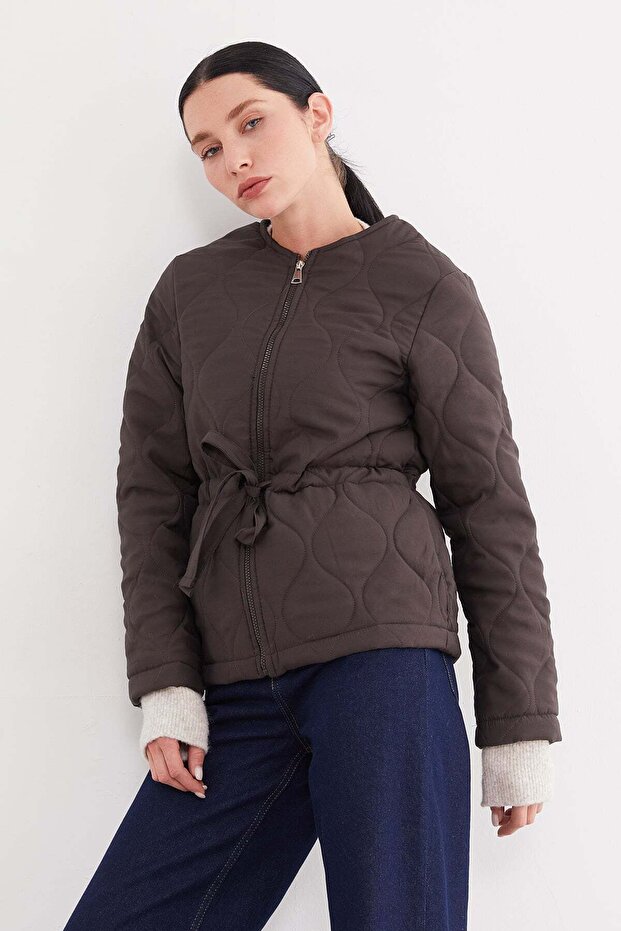 Waterway Patterned Belted Quilted Zippered Coat