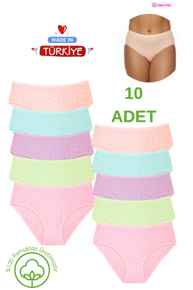 10-Pack High Waist 100% Cotton Bato Panties - Heart Patterned Comfortable Fit Underwear