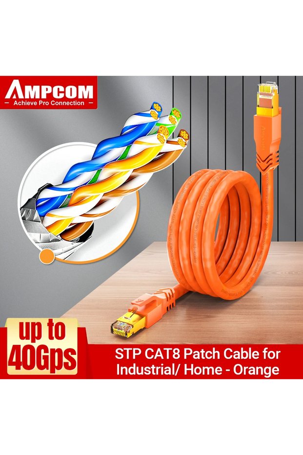 1.5m Orange AMPCOM CAT8 40Gbps Ethernet Cable, LSZH Jacket Industrial 2000MHz Network Lan Cable SFTP