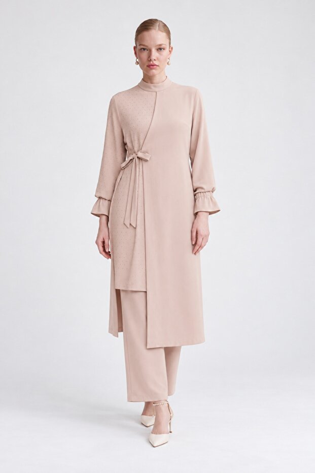Side-Tie Stone Detailed Double Suit Set in Dark Beige